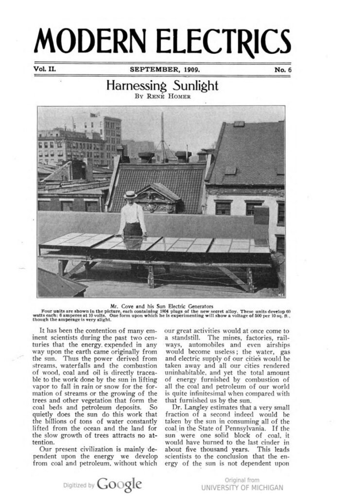 'Aproveitando a luz solar': a reportagem sobre as recém-inventadas placas de energia solar, publicada 114 anos atrás. (MODERN ELECTRICS / HATHI TRUST)