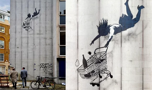 arte de Banksy; mulher às compras Banksy prédio em Londres; Banksy atualmente