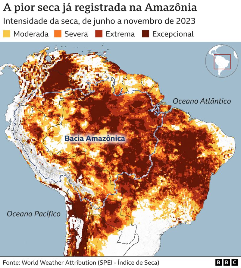 a pior seca já registrada na Amazônia 2023; mudanças climáticas são principal fator de seca na Amazônia; mudanças climáticas queimadas e desmatamento afetam Amazônia e causaram seca no Rio Amazonas
